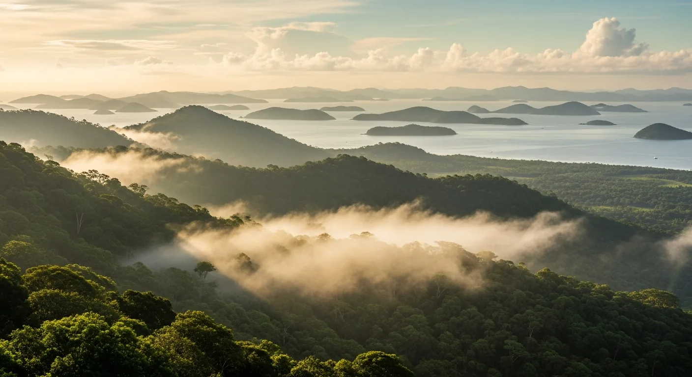 Mist over the rainforest canopy below the chalé with the bay beyond