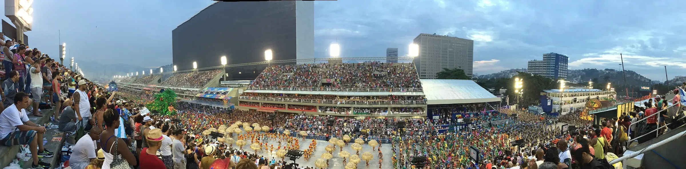The Sambadrome in Rio de Janeiro during a samba school parade. Rio's Special Group parades on February 7, 8 and 9, 2027.